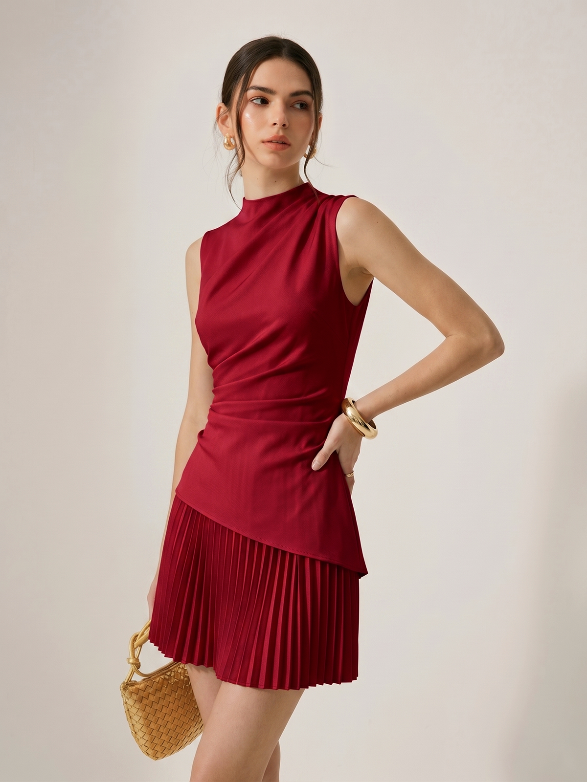 Sleeveless Asymmetrical Pleated Mini Dress
